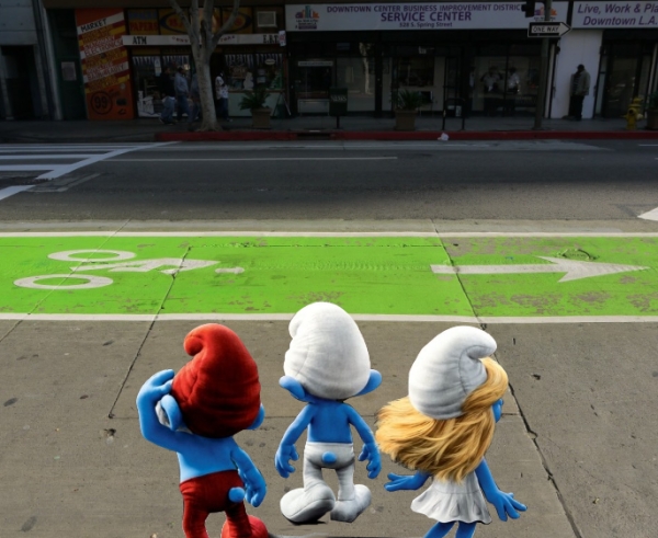 Smurfs Confront Bike Lane